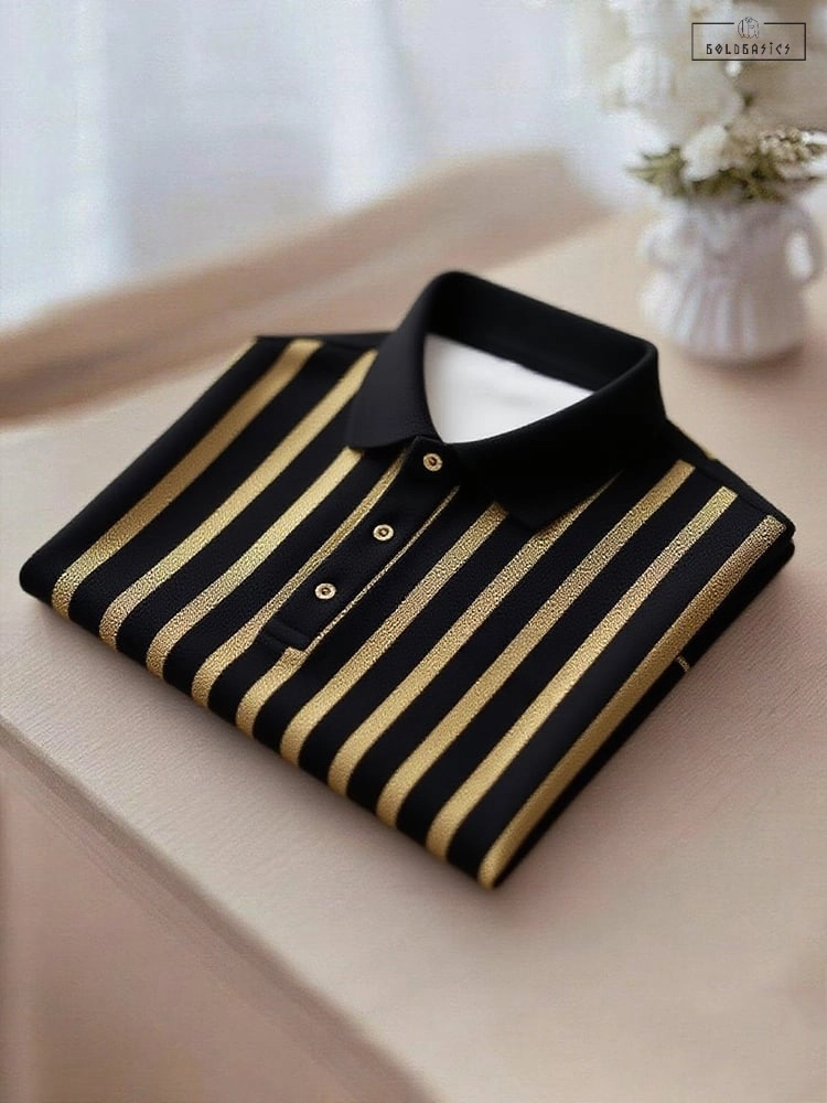 Men's Elegant Gold Black Stripe Performance Polo Shirt - Short Sleeve Button-Down