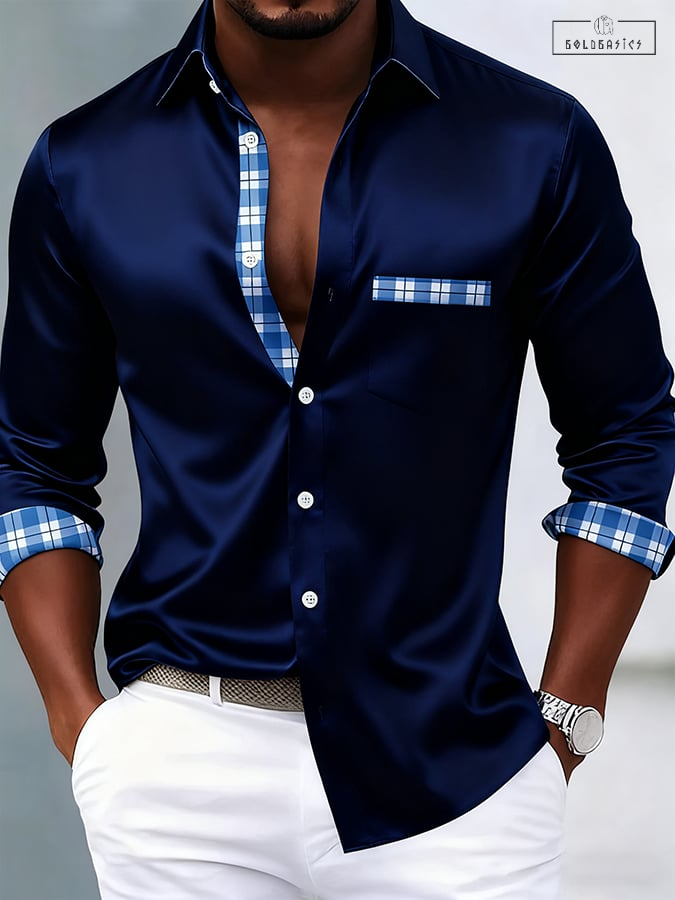 Men's Elite Contrast Print Long-Sleeve Shirt - Business Luxury Fashion Top