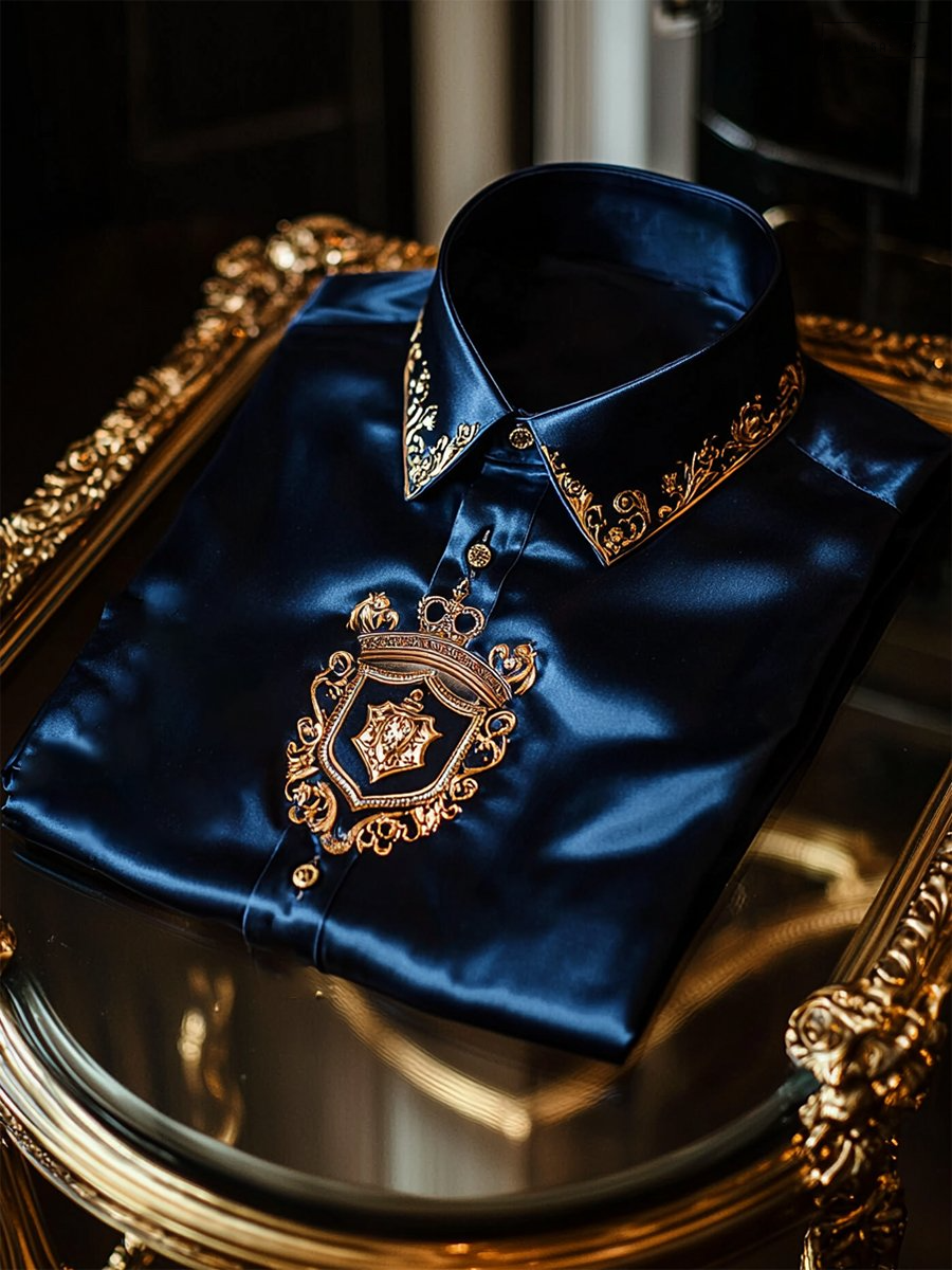 Men's Luxurious Satin Long Sleeve Button-Down Shirt, Vintage Elegant Print