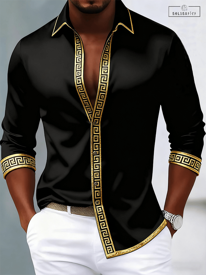 Men's Luxury Contrasting Print Long-Sleeve Shirt, Business Casual Cotton Blend Top