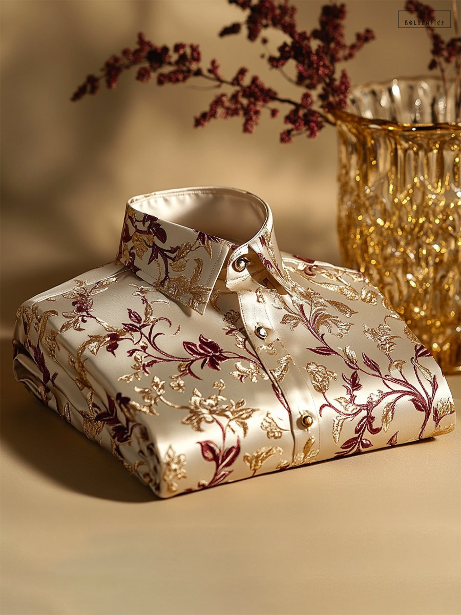 Men's Luxury Satin Long Sleeve Shirt: Vintage Floral Print Business Casual