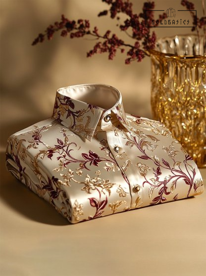 Men's Luxury Satin Long Sleeve Shirt: Vintage Floral Print Business Casual