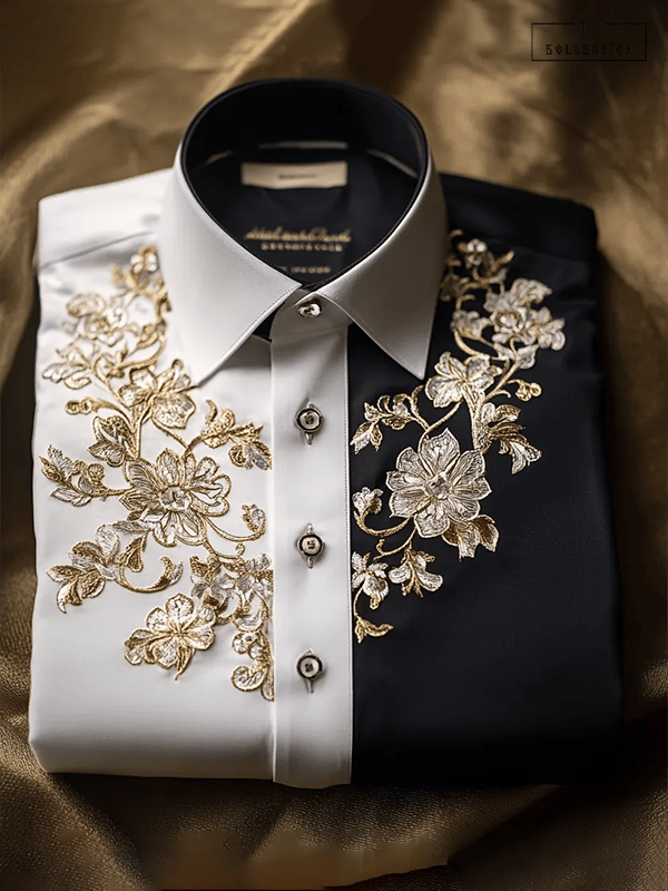 Men's Luxury Tribal Embroidered Button-Up Long Sleeve Shirt - Cotton Blend Casual Vintage Style