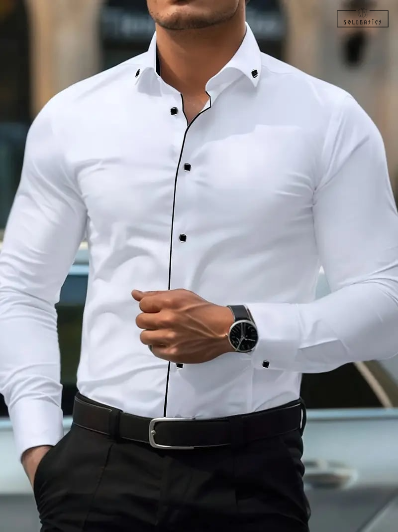Men's Pristine White Smart Business Casual Shirt Long Sleeve Cotton Blend